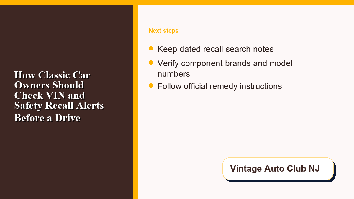 Classic car pre-drive safety checklist with recall lookup notes