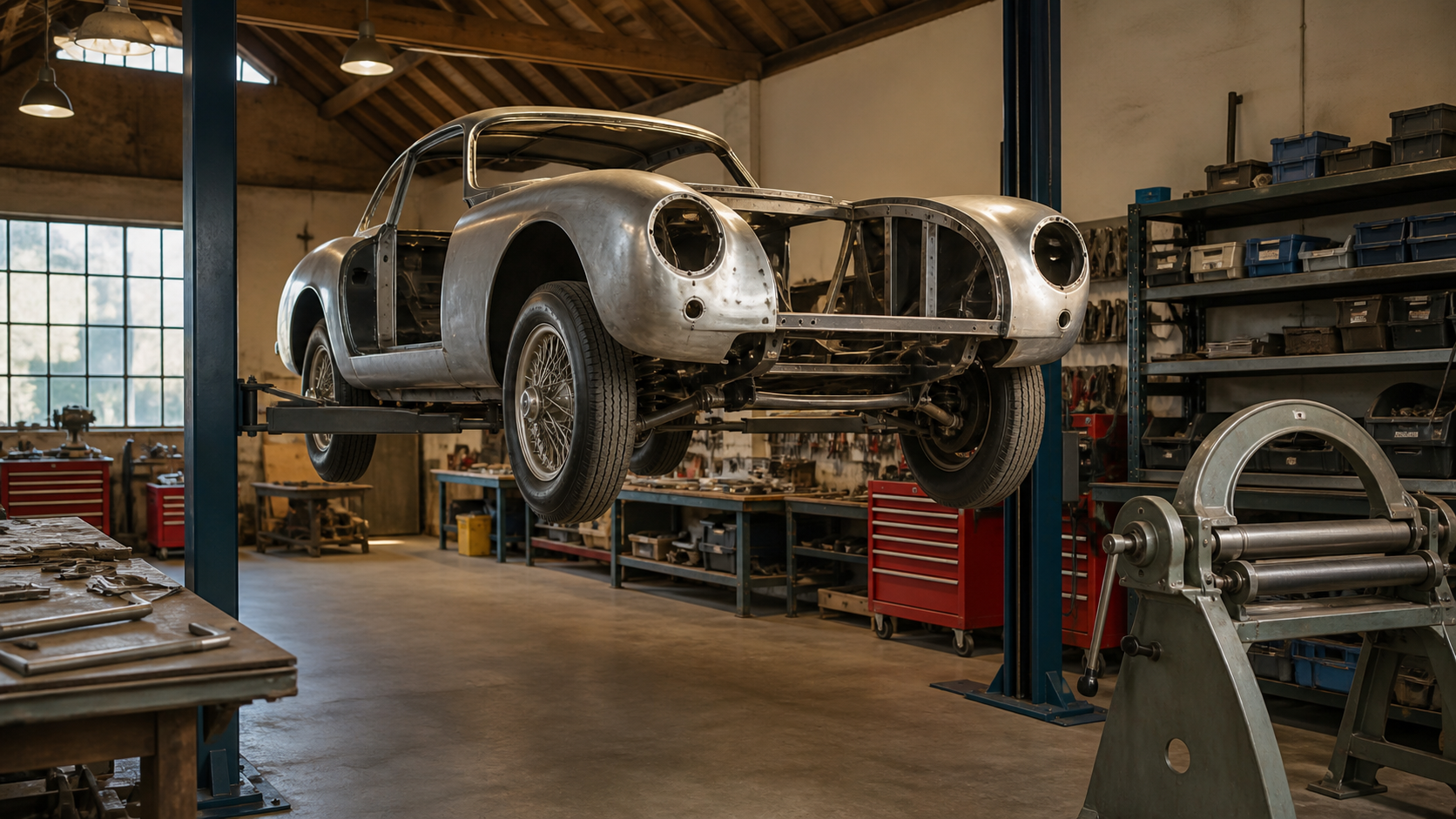 Organized classic car restoration workshop